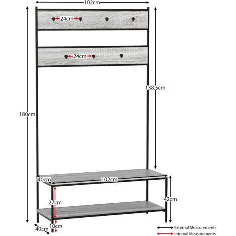Brooklyn Industrial Coat Rack Stand Hall Tree  Hallway Shoe Rack Bench Shelves Hooks, Grey