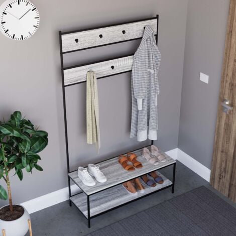 Brooklyn Industrial Coat Rack Stand Hall Tree  Hallway Shoe Rack Bench Shelves Hooks, Grey