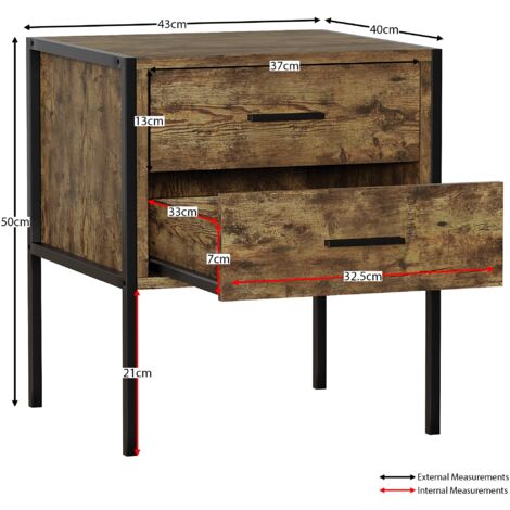 Brooklyn 2 Drawer Bedside Cabinet Chest of Drawers Table Bedroom Furniture Storage, Dark Wood