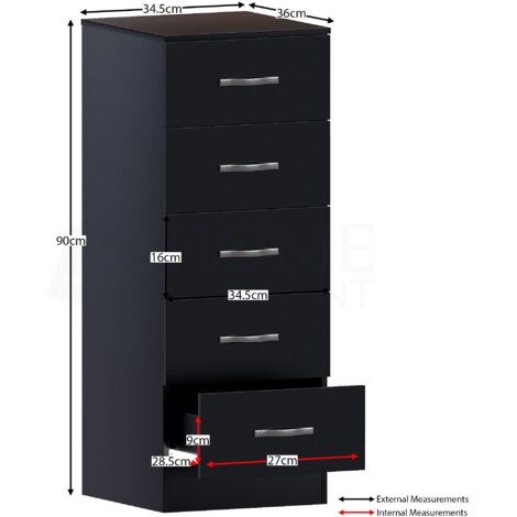 Riano 5 Drawer Narrow Chest Tall Storage Unit Bedroom Furniture Cabinet, Black