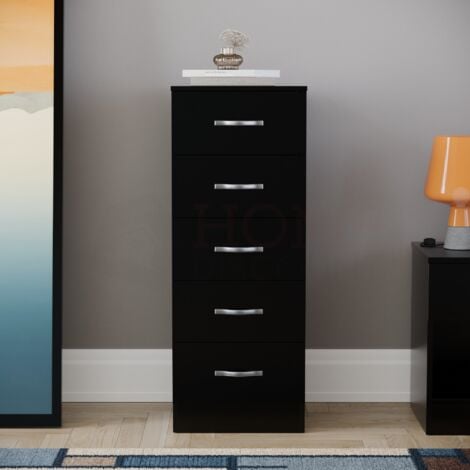 Riano 5 Drawer Narrow Chest Tall Storage Unit Bedroom Furniture Cabinet, Black