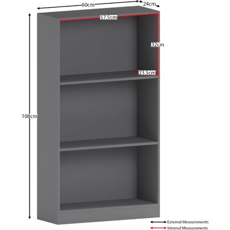 Cambridge 3 Tier Medium Bookcase Shelving Storage Unit, Grey