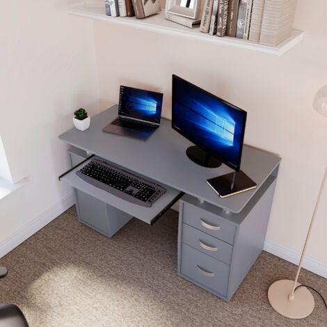 Otley Computer Desk 3 Drawer PC Workstation Shelves Storage Home Office Table, Grey