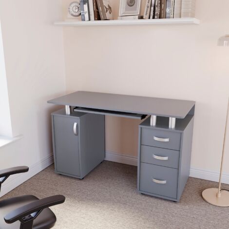 Otley Computer Desk 3 Drawer PC Workstation Shelves Storage Home Office Table, Grey
