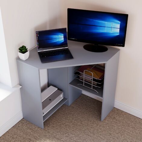 Hetton Corner Computer Desk 2 Shelf PC Workstation Shelves Storage Home Office Table, Grey