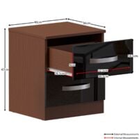 Hulio 2 Drawer Bedside Table High Gloss Cabinet Chest Nightstand Bedroom Furniture, Walnut & Black