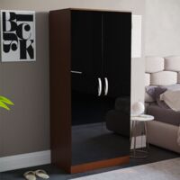 Hulio 2 Door Wardrobe High Gloss With Hanging Rail & Storage Shelf, Walnut & Black