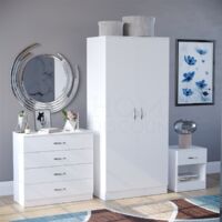 Riano 3 Piece Bedroom Furniture Set Bedside Table, Chest of Drawers & Wardrobe, White