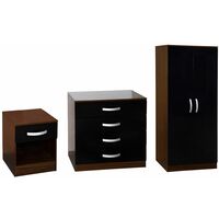 Hulio 3 Piece Bedroom Furniture Set High Gloss Bedside Table, Chest of Drawers & Wardrobe, Walnut & Black