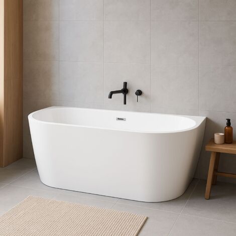 Vasca da bagno filo parete semicircolare acrilico bianco lucido 150 x 80 x 58 cm confezione 1