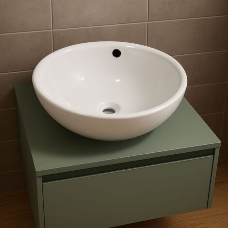 Lavabo da appoggio ceramica bianco tondo lavello arredo bagno cm 42x42x17,5