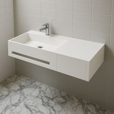 Lavabo in artificial stone bianco opaco matt modello alex sospeso con porta salviette confezione 1