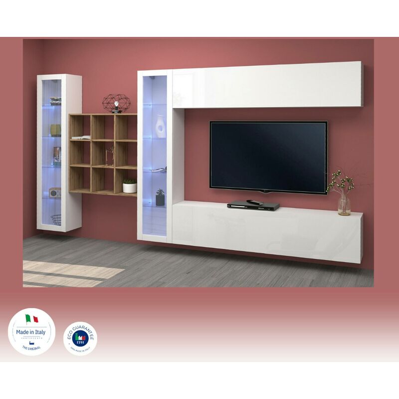 Dmora Parete attrezzata da Soggiorno, Made in Italy, Base Porta TV e  pensili e scaffali, Set Salotto Moderno, cm 290x40h192, Colore Bianco  Lucido e