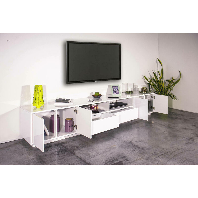 Dmora - Mobile porta TV Dleott, Credenza bassa da soggiorno, Base porta TV,  100% Made in Italy, cm 260x41h46, Bianco lucido