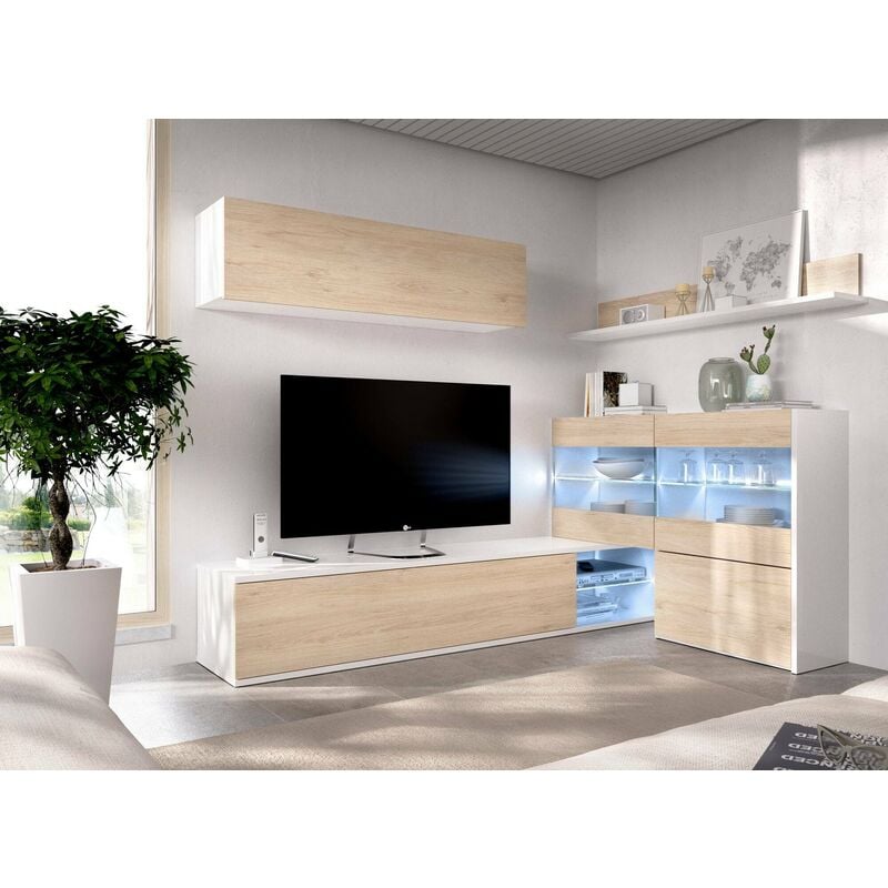 Dmora - Parete attrezzata Daade, Set da soggiorno modulare ad angolo, Mobile  salotto multiposizione con luce LED, 260x41h180 cm, Rovere e Bianco