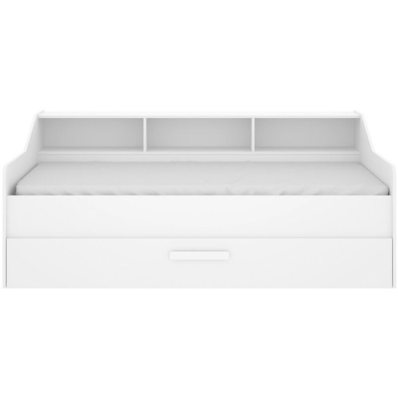 Dmora - Letto per bambini Dabdee, Struttura letto contenitore per cameretta,  Letto con 1 cassetto e 3 mensole, 194x119h78 cm, Bianco