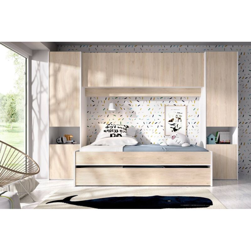 Cameretta Venturosa Per Bambini - Letto A Castello Con Armadio E Cassettone, Rovere/Bianco