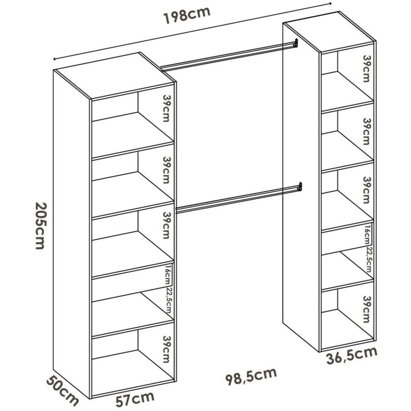 Guardaroba Dcroc, Struttura per cabina armadio, Mobile appendiabiti aperto,  200x50h205 cm, Bianco