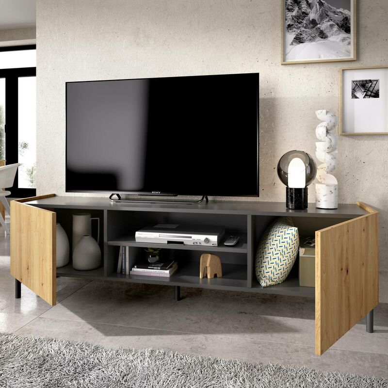 Dmora - Mobile porta TV Dcod, Credenza bassa da soggiorno, Madia da salotto  per televisione, 161x35h45 cm, Rovere Nodi e Antracite