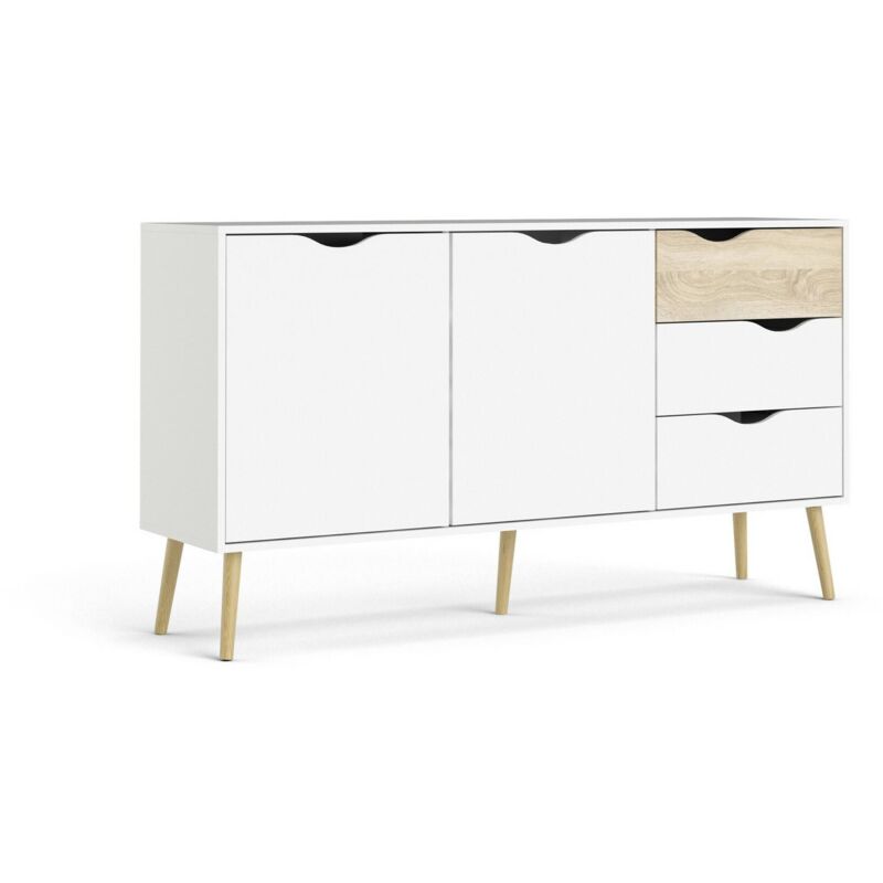 Dmora Credenza a due ante e tre cassetti, colore bianco e rovere, Misure  147 x 81 x 39 cm, con imballo rinforzato