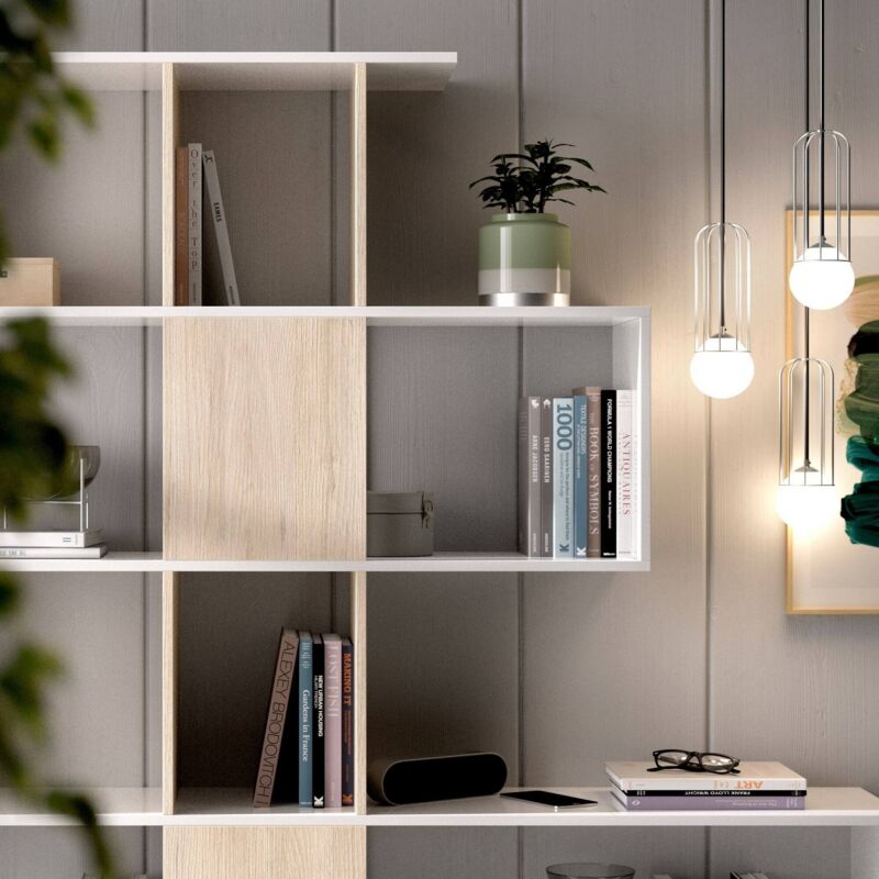 Dmora Libreria Estensibile In Larghezza A 5 Vani Aperti, Scaffale Per Libri E Documenti Da Ufficio, Made In Italy, Cm 72x22h181, Colore Rovere Sbiancato, Con Imballo Rinforzato