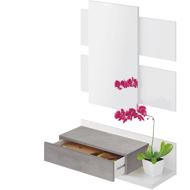 Dmora Mobile da ingresso Erie, Entratina sospesa con specchio, Mobile con  cassetto per entrata, cm 75x29h90, Bianco e Cemento, con imballo rinforzato