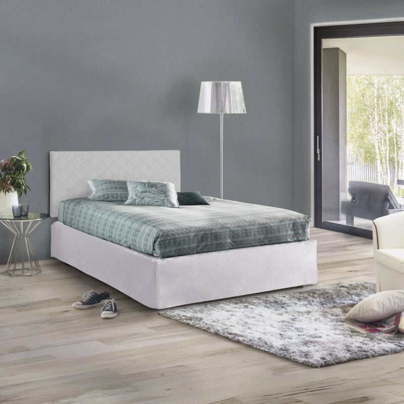 Talamo Italia Letto piazza e mezza Cleide, Set testata in ecopelle con rete  ortopedica e mantovana, 100% Made in Italy, con materasso incluso, Cm  120x190, Bianco, con imballo rinforzato