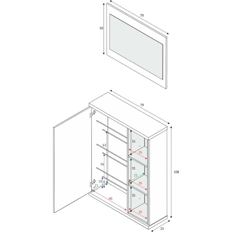 Mobile da ingresso, Entratina portascarpe con specchio, Mobile scarpiera con  3 ripiani per entrata, cm 79x25h167, Bianco e Grigio cenere