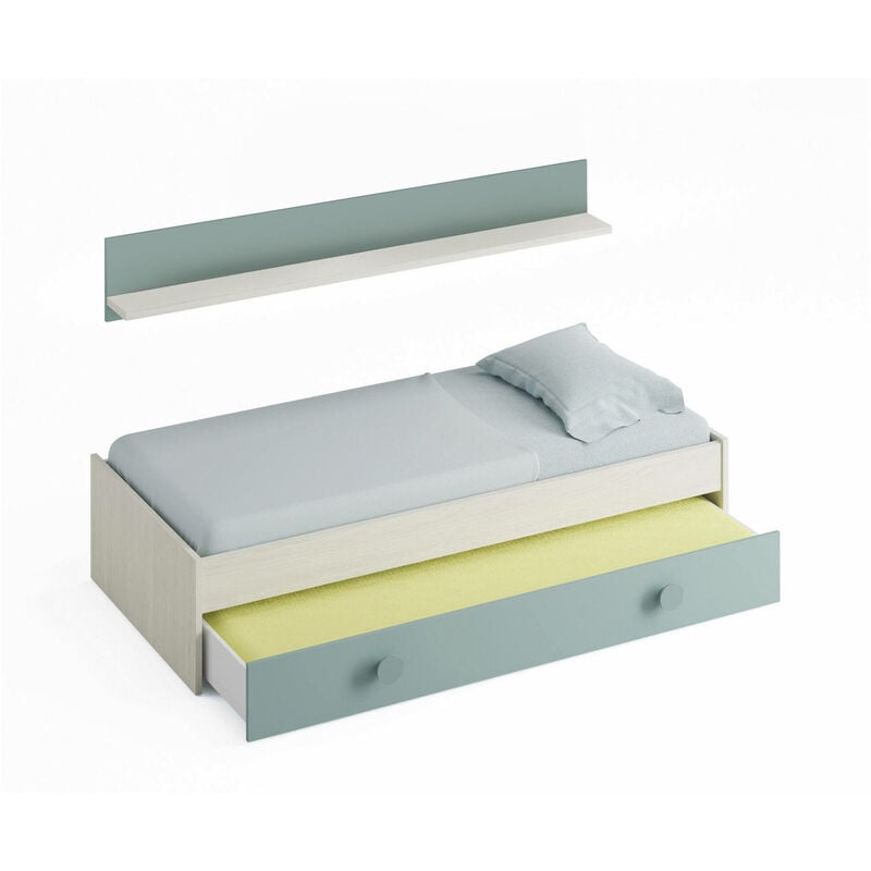 Letto singolo, Struttura letto per cameretta, Letto con lettino estraibile  o cassettone e mensola abbinata, cm 201x98h43, Bianco e Verde acqua