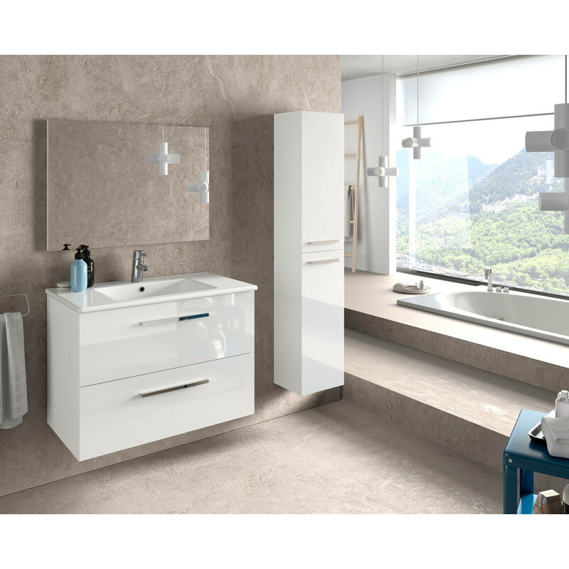 Dmora Mobile sottolavabo Inglewood, Mobiletto per bagno sospeso, Armadio a  2 cassetti e specchio, cm 80x45h57, Bianco lucido, con imballo rinforzato