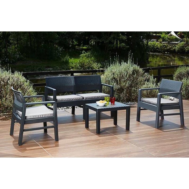 Set salotto da esterno Foggia, Set da giardino con 2 poltrone ed 1  tavolino, Salottino effetto rattan con cuscini, 100% Made in Italy, Bianco