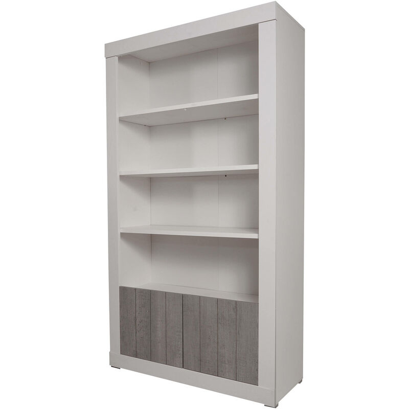 Dmora Libreria alta con 4 ripiani e 2 ante, Scaffale per libri e documenti,  Libreria portaoggetti da ufficio, cm 105x42h191, colore Bianco e Cemento,  con imballo rinforzato