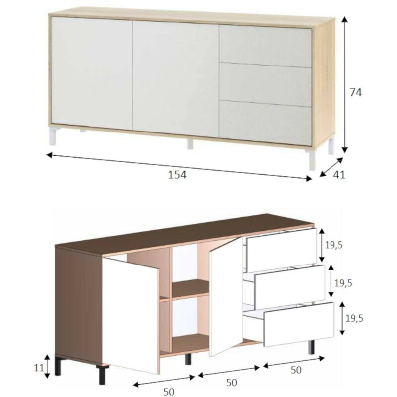 Dmora Credenza Concord, Madia moderna a 2 ante e 3 cassetti, Buffet da  soggiorno, Mobile porta TV, Madia per salotto, cm 154x41h74, Rovere e  Bianco, con imballo rinforzato