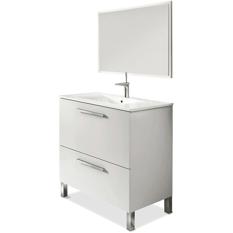 Dmora Mobile sottolavabo Hayward, Mobiletto per bagno, Armadio a 2 cassetti  e specchio, lavabo non incluso, cm 80x45h80, Bianco lucido, con imballo  rinforzato