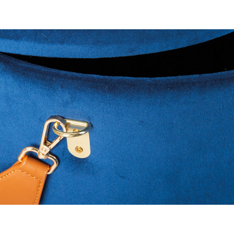 Dmora Pouf secchiello contenitore in velluto e maniglia in ecopelle, colore  blu, cm 35x35x45, con imballo rinforzato