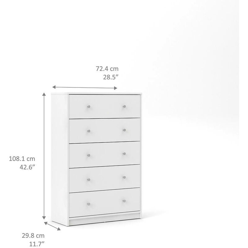 Dmora Cassettiera a cinque cassetti, colore bianco, cm 72.4 x