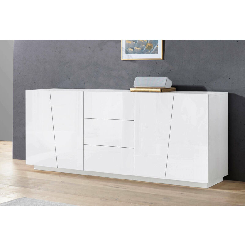 Credenza Edi, Madia da cucina a 1 anta e 6 cassetti, Buffet da soggiorno,  Madia da cucina, 100% Made in Italy, cm 170x40h47, Bianco lucido