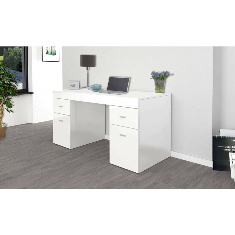 Dmora Scrivania Da Ufficio Con Cassetti E Piano Portaoggetti. Tavolo  Minimo. Scrivania Per Pc. Centimetro Made In Italy. 130x60H75. Lucido  Bianco E Cenere Grigio Colore Argento