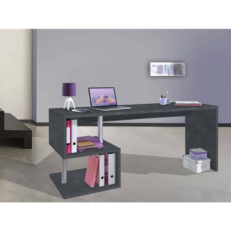 Dmora Scrivania moderna ad Esse per ufficio e studio con scaffale, Made in  Italy, Tavolo da computer, Scrittoio porta PC, cm 180x60h78, colore Grigio  Cenere, con imballo rinforzato