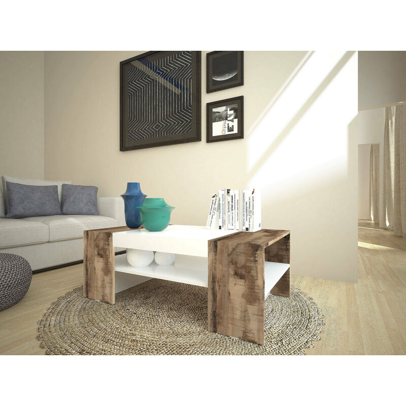Tavolino da salotto COFFEE in legno piano elevabile design moderno (Bianco  Nordico)