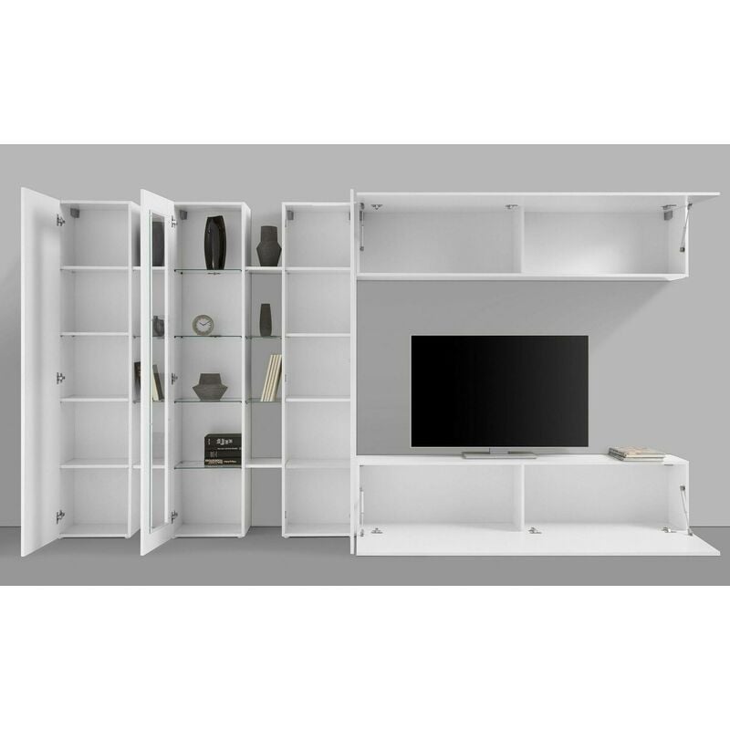 Dmora Parete attrezzata da soggiorno, Made in Italy, con luce LED blu, Base  porta TV e pensili e scaffali, Set salotto moderno, cm 340x30h180, colore  Bianco lucido, con imballo rinforzato