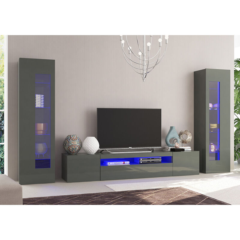 Parete attrezzata da soggiorno reversibile, Made in Italy, Mobile porta TV,  Set salotto moderno, cm 295x30h197, colore Bianco lucido e Cemento