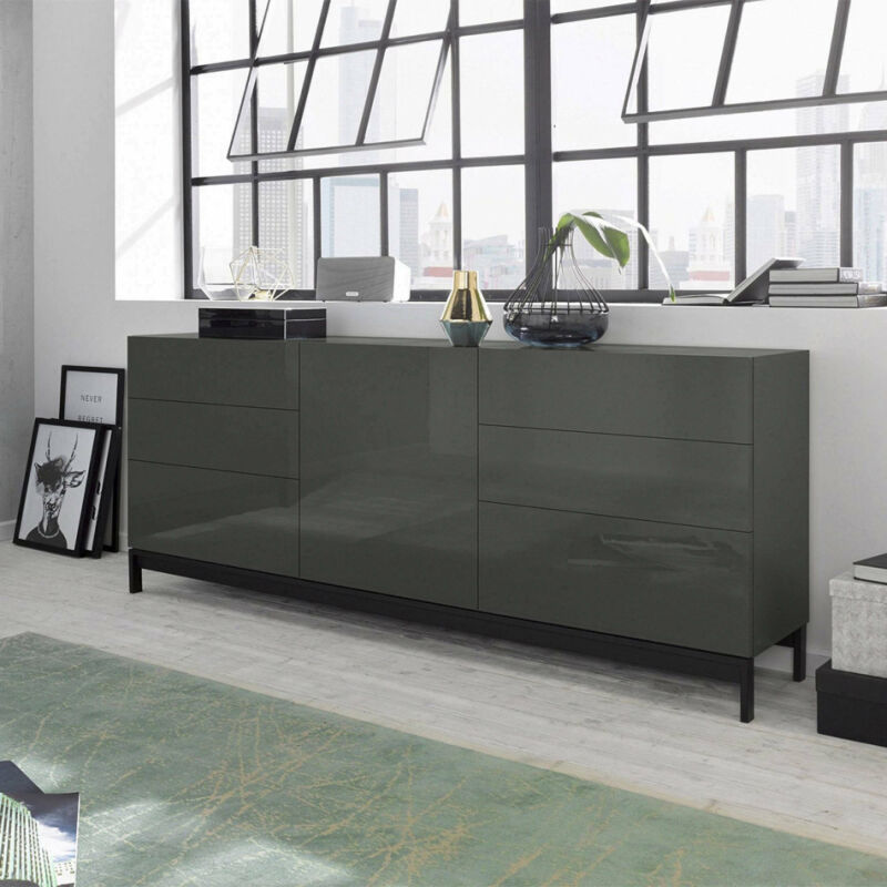 Dmora Credenza moderna a 6 ante, Made in Italy, Madia da cucina, Buffet di  design da soggiorno, cm 210x45h85, colore Bianco lucido e Acero