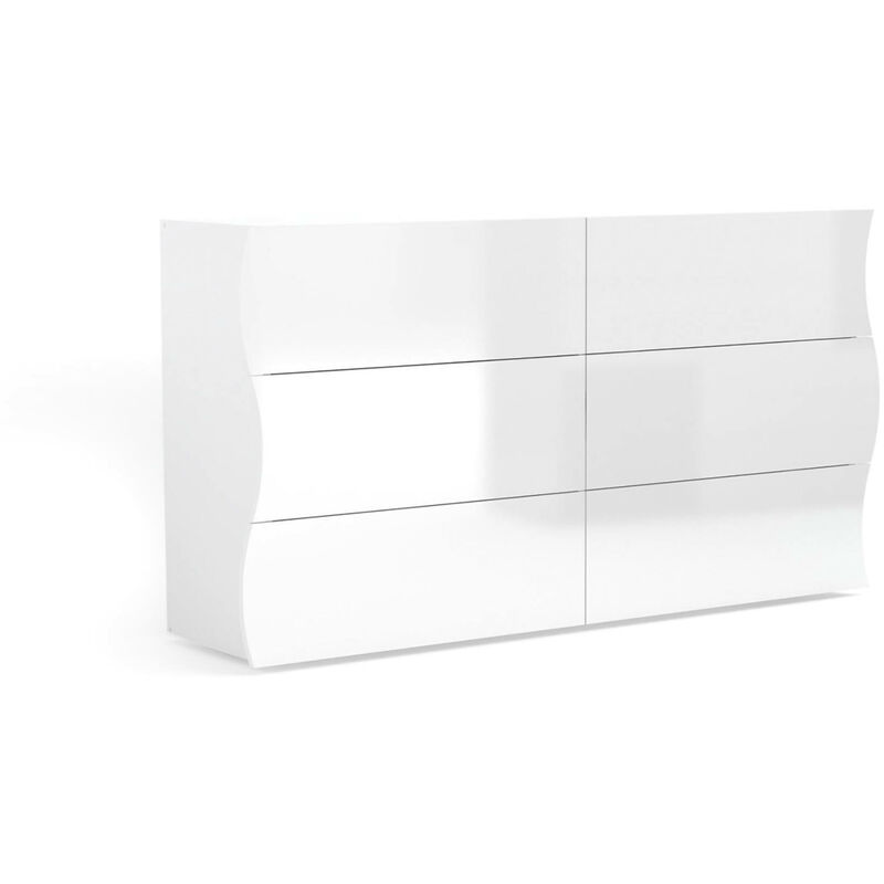 Comò ondulato, Made in Italy, Mobiletto per Soggiorno e Camera, Credenza 6  cassetti, colore Bianco lucido, cm 155x40h82