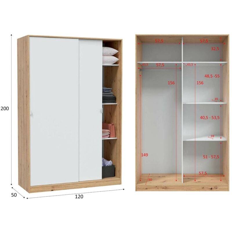 Guardaroba, Armadio per camera da letto a 2 ante scorrevoli, Mobile con 3  ripiani e barra appendiabiti, cm 120x50h200, Rovere e Bianco