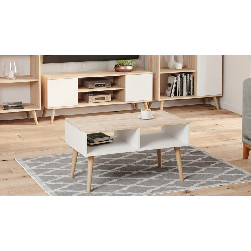 Dmora Tavolino basso da soggiorno, Tavolino porta riviste con 2 scaffali e  piedini, Stile scandi, cm 55x90h55, colore Bianco e Rovere, con imballo  rinforzato