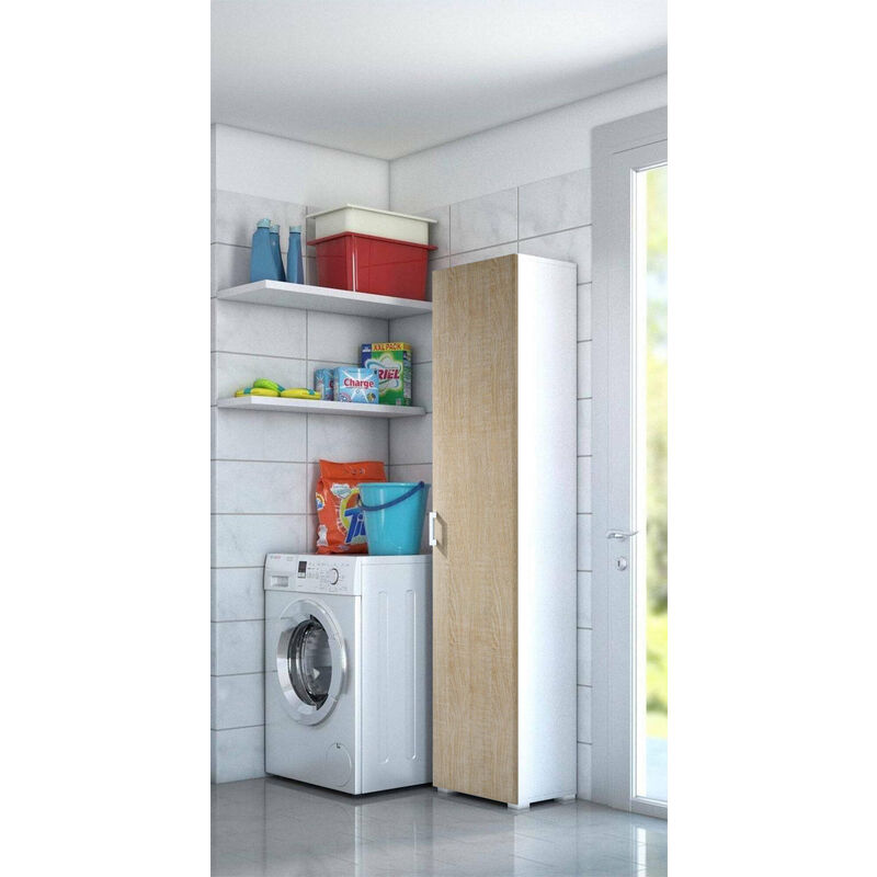 Dmora Armadio multiuso Aquilegia, Mobile lineare a 1 Anta battenti e 4  ripiani regolabili, Mobile a colonna per bagno, 100% Made in Italy, Cm  45x45h195, Rovere e Bianco, con imballo rinforzato