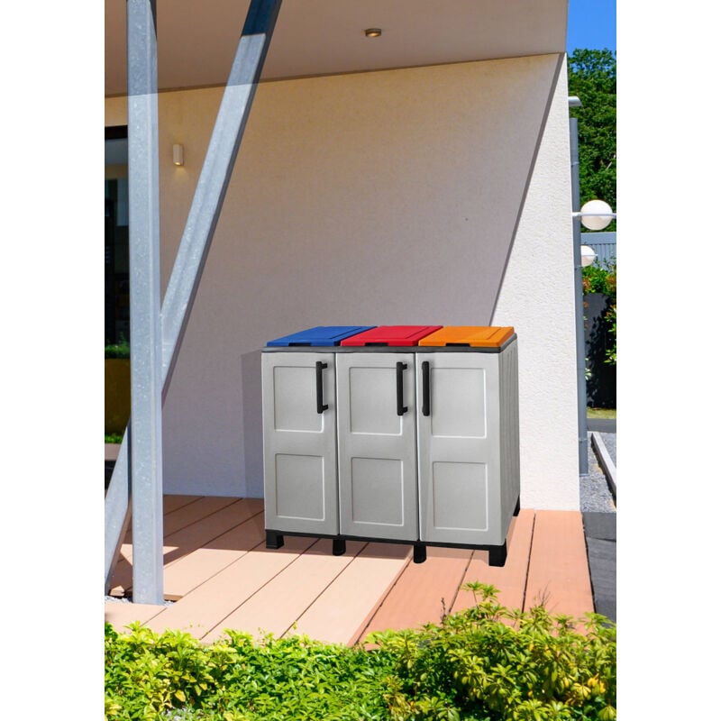 Armadio portarifiuti da esterno o interno, Mobile porta 3 sacchi a 2 ante,  100% Made in Italy, cm 68x37h90, colore Grigio chiaro, Con imballo  rinforzato