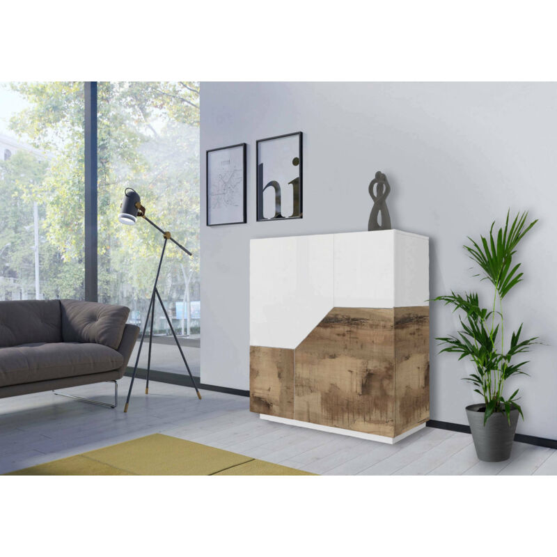 Dmora Credenza moderna a 2 ante geometriche, Made in Italy, Madia da  ingresso, Buffet di design da soggiorno, Cm 100x43h106, Bianco lucido e  Acero, con imballo rinforzato