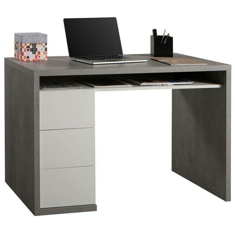 Dmora Scrivania per ufficio e studio, Tavolo da computer minimal, Scrittoio  per lavoro con 3 cassetti, Made in Italy, cm 110x60h75, colore Cemento e  Bianco, con imballo rinforzato